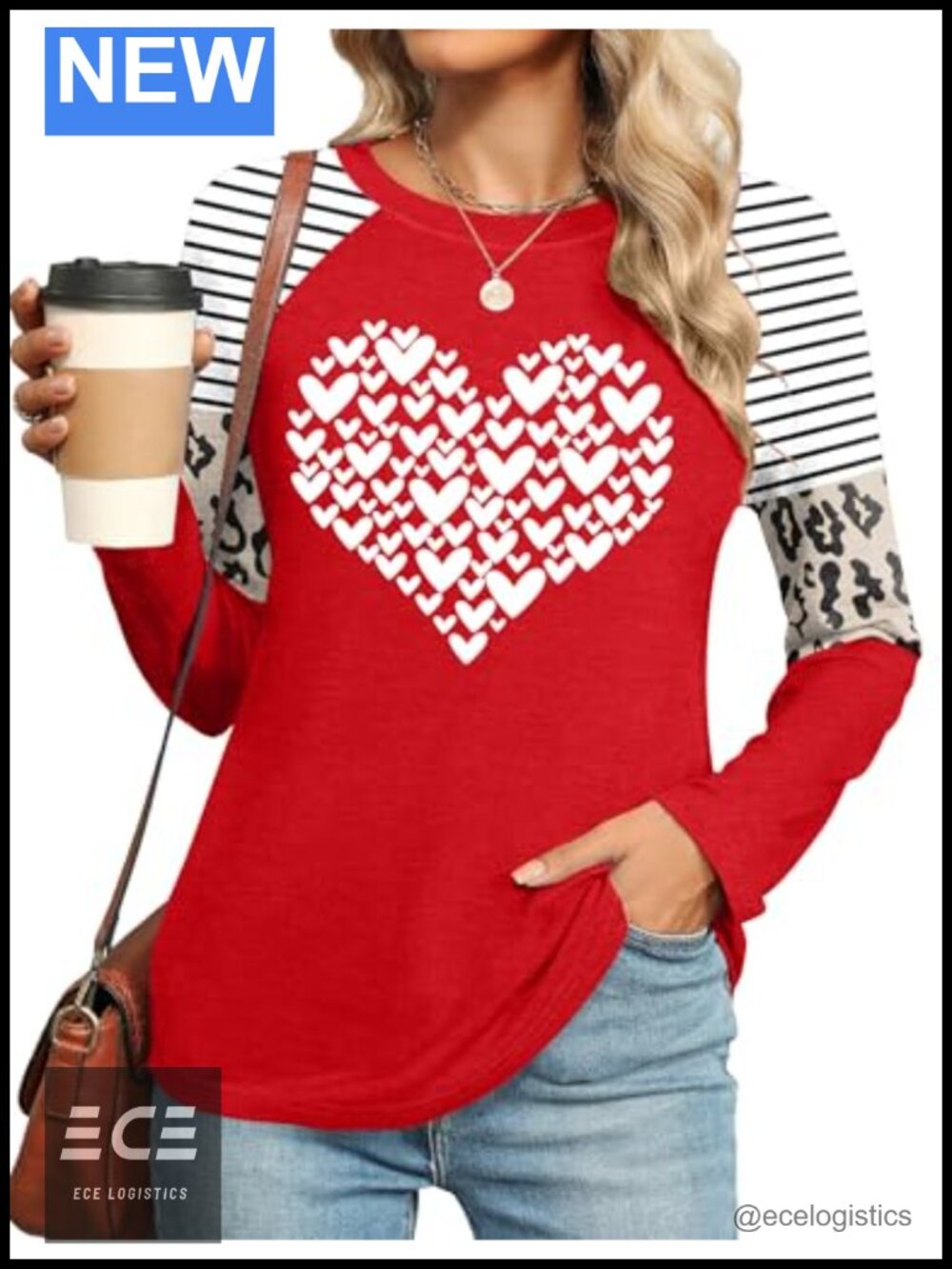 Valentine's Day Love Heart Graphic Tee Buffalo Plaid Long Sleeve Casual Top